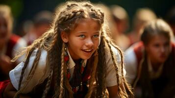 ai gegenereerd een jong meisje met dreadlocks en een rood shirt, uitstralend vertrouwen en stijl. generatief ai foto