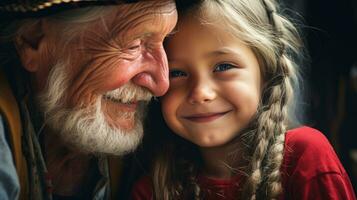 ai gegenereerd opa en zijn kleinzoon liefdevol knuffelen elk ander, tonen hun liefhebbend band. generatief ai foto