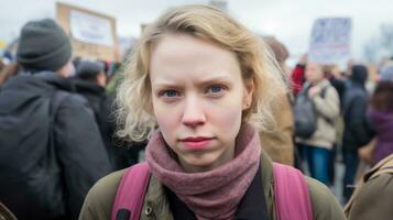 ai gegenereerd een vrouw staat voordat een menigte van mensen gedurende een protest. generatief ai foto