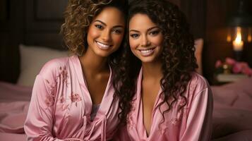 ai gegenereerd twee jong Afrikaanse Amerikaans vrouw vrienden houding in hun pyjama tegen een zacht roze achtergrond. generatief ai foto