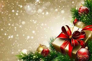 ai gegenereerd Kerstmis geschenk doos met lint, Cadeau doos, besneeuwd Spar boom, en veel presenteert zijn zittend Aan een houten tafel met Kerstmis decoraties foto