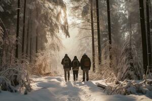 ai gegenereerd vrienden wandelen in de sneeuw in de winter Woud. winter landschap, het beste agers genieten van een winter wandelen, besneeuwd Woud, ai gegenereerd foto