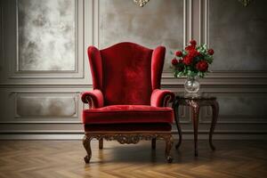 ai gegenereerd luxe rood fauteuil in klassiek interieur. 3d veroorzaken, mooi luxe klassiek fluweel rood schoon interieur kamer in klassiek stijl met fluweel rood zacht fauteuil, ai gegenereerd foto