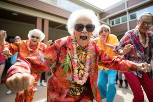 ai gegenereerd deelnemers van de jaar- carnaval in Moskou, een groep van senioren gekleed in feestelijk kleding, dansen en vieren Bij een levendig gemeenschap evenement, ai gegenereerd foto