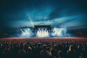 ai gegenereerd menigte Bij concert in voorkant van helder stadium lichten gedurende muziek- festival, publiek Bij een buitenshuis concert Bij stadion arena, ai gegenereerd foto