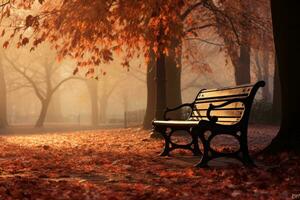 ai gegenereerd herfst Woud in mist. mooi natuur tafereel met zonnestralen, herfst in de park, ai gegenereerd foto