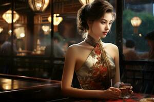 ai gegenereerd mooi vrouw in een restaurant, een voortreffelijk Chinese dame aandoen een traditioneel qipao cheongsam jurk terwijl dining in een restaurant, ai gegenereerd foto