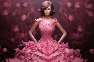 ai gegenereerd mooi brunette vrouw in een roze jurk. mode foto, borst kanker bewustzijn maand in oktober, ai gegenereerd foto