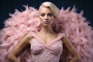 ai gegenereerd portret van mooi blond vrouw in roze jurk. studio schot, borst kanker bewustzijn maand in oktober, ai gegenereerd foto