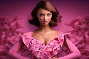 ai gegenereerd portret van een mooi jong brunette vrouw in roze jurk, borst kanker bewustzijn maand in oktober, ai gegenereerd foto
