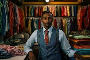 ai gegenereerd portret van een jong Afrikaanse Amerikaans Mens in een kleermaker winkel, zwart Droger bedrijf eigenaar in zijn op te slaan achter balie, ai gegenereerd foto