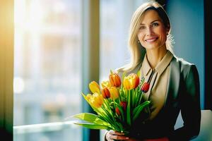 ai gegenereerd een volwassen vrouw in bedrijf kleren houdt een boeket van tulpen en glimlacht. ai gegenereerd. foto