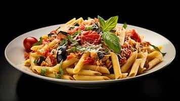 ai gegenereerd een portie van Siciliaans pasta met penne, tonijn, aubergine, tomaten, parmezaan, basilicum en knoflook. ai gegenereerd. foto