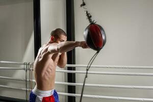 een bokser vervelend handschoenen in de opleiding hal. bokser trap in de Sportschool. foto