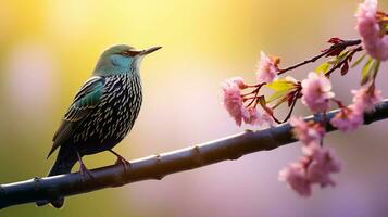 ai gegenereerd in vroeg lente, een spreeuw zingt Aan een boom Afdeling. ai gegenereerd. foto