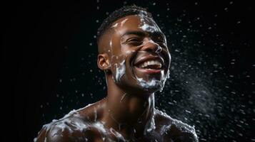 ai gegenereerd knap jong Afrikaanse Amerikaans Mens nemen bad met schuim Aan zwart achtergrond. generatief ai foto