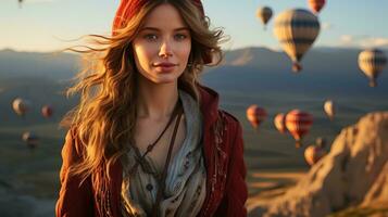 ai gegenereerd toerist meisje op zoek Bij de lucht vol van ballonnen Aan de cappadocia berg piek. generatief ai foto