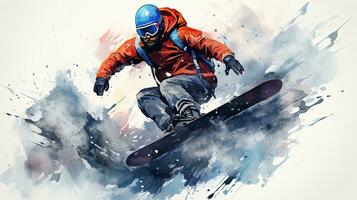 dynamisch waterverf illustratie van snowboarden in besneeuwd bergen foto