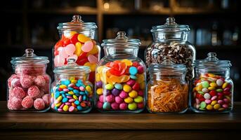 glas potten met verschillend snoepjes helder kleurrijk foto