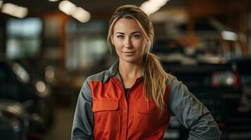 ai gegenereerd jong professioneel monteur vrouw vertegenwoordigen expertise en vriendelijkheid in een auto reparatie winkel. generatief ai foto