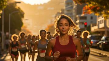 ai gegenereerd vastbesloten vrouw hardlopers voortvarend hun limieten in een levendig stad marathon evenement. generatief ai foto