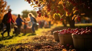 ai gegenereerd een bruisend herfst appel boomgaard, gezinnen plukken vers appels. generatief ai foto