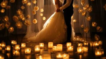 ai gegenereerd een romantisch bruiloft tafereel met zacht verlichting, rozen, en kamer voor oprecht berichten foto