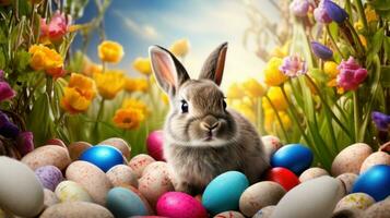 ai gegenereerd levendig achtergrond versierd met een charmant konijn, kleurrijk eieren, en feestelijk juichen foto