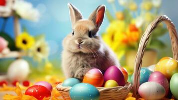 ai gegenereerd levendig achtergrond versierd met een charmant konijn, kleurrijk eieren, en feestelijk juichen foto