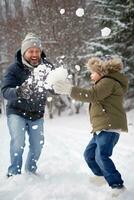 ai gegenereerd vader en zoon genieten een besneeuwd dag, speels sneeuwbal gevechten foto