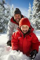 ai gegenereerd vader en zoon genieten een besneeuwd dag, speels sneeuwbal gevechten foto