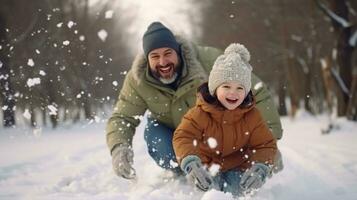 ai gegenereerd vader en zoon delen giechelt, sneeuwbal gooit, en besneeuwd avonturen foto
