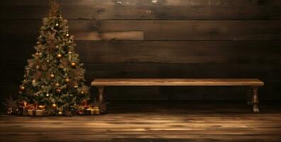 ai gegenereerd een Kerstmis boom Aan een houten tafel foto