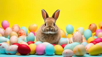ai gegenereerd levendig Pasen achtergrond, eieren, en een aanbiddelijk konijn, creëren blij en feestelijk gevoel foto