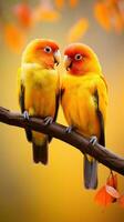 ai gegenereerd een paar- van tortelduifjes zittend samen Aan een tak, hun helder oranje en geel veren foto