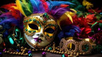 ai gegenereerd een levendig carnaval achtergrond gevulde met levendig kleuren, maskers, en feestelijk flair foto
