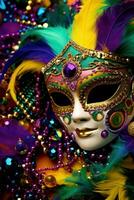 ai gegenereerd een levendig carnaval achtergrond gevulde met levendig kleuren, maskers, en feestelijk flair foto