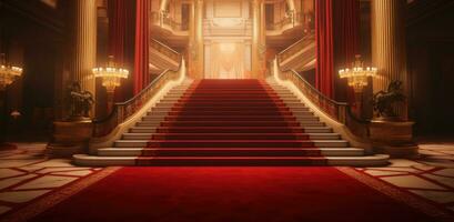 ai gegenereerd mooi rood tapijt en de trap leidend in de lobby foto