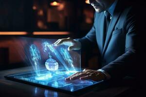 ai gegenereerd zakenman werken Aan laptop in donker kantoor. 3d weergave, een zakenman toepassingen een digitaal tablet met een hologram scherm in een 3d weergave, ai gegenereerd foto