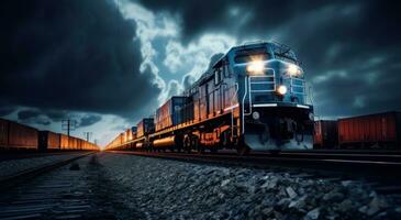 ai gegenereerd vracht lading trein op reis Aan trein sporen Aan donker lucht foto