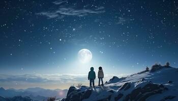 ai gegenereerd twee kinderen staand in de sneeuw aan het kijken de maan van de klif foto