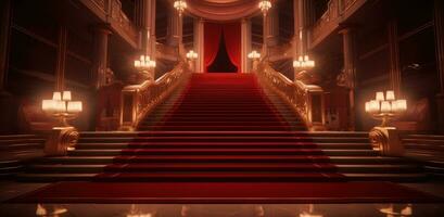 ai gegenereerd rood tapijt en goud touwen Bij een gouden trappenhuis foto