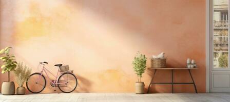 ai gegenereerd oud houten fietsen door de deur van een roze muur foto