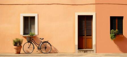 ai gegenereerd twee fietsen leunend omhoog tegen een oranje huis foto