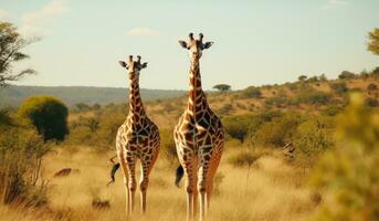 ai gegenereerd twee giraffen in een dor wildernis foto