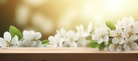 ai gegenereerd wit bloesem bloemen Aan een hout tafel foto