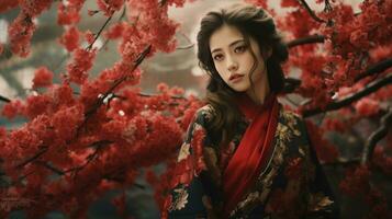 ai gegenereerd de meisje in een kimono en kimono's is wandelen tussen kersen foto