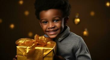 ai gegenereerd schattig zwart jongen met gouden doos met gelukkig gezichten foto