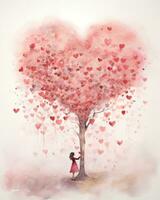 ai gegenereerd een vrouw schilderij een boom met rozen in roze waterverf foto