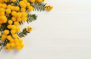 ai gegenereerd mimosa bloemen Aan houten wit achtergrond met onderschrift met copyspace foto